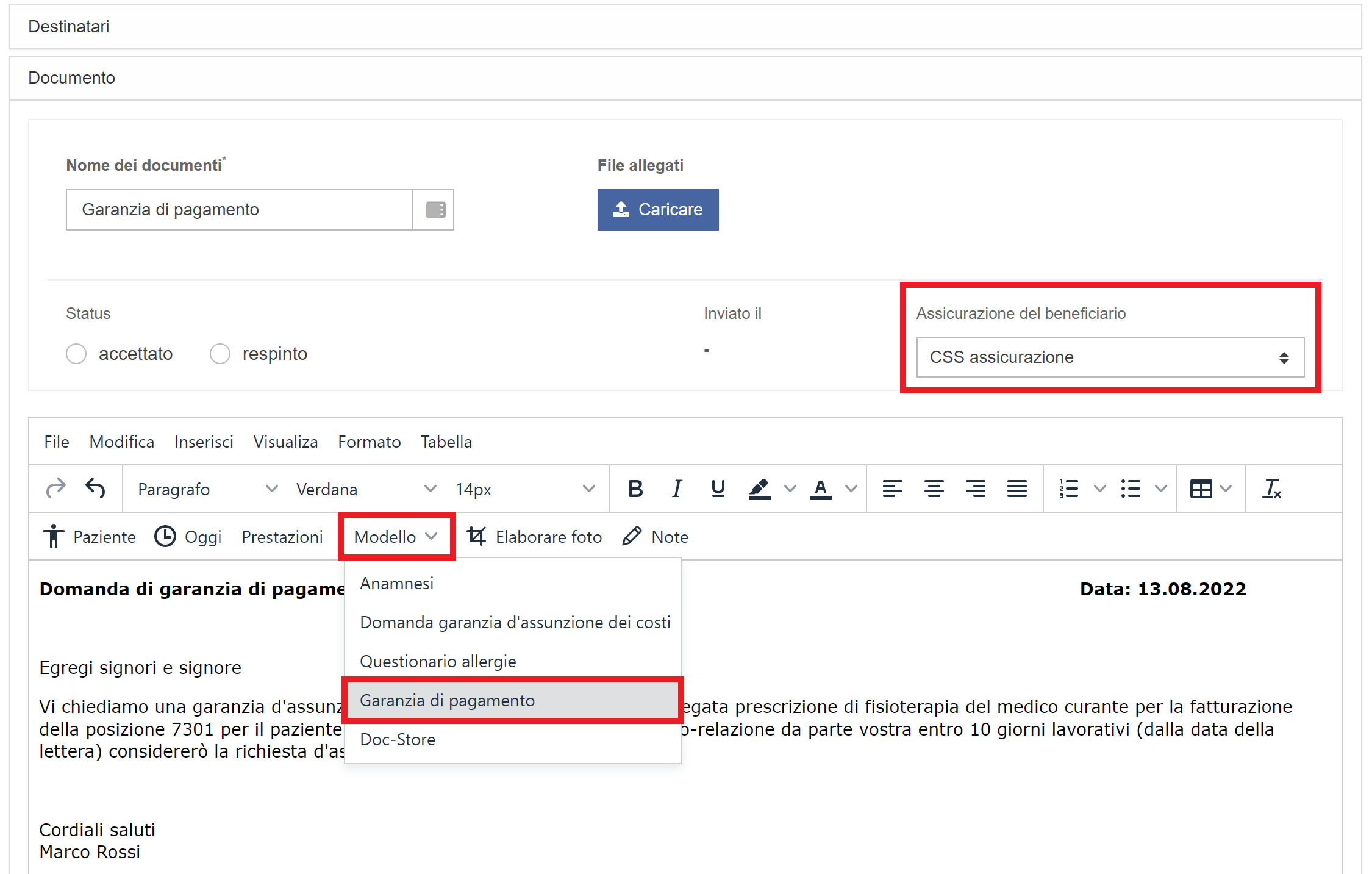 ePhysio - Invio richiesta di garanzia di pagamento / documenti